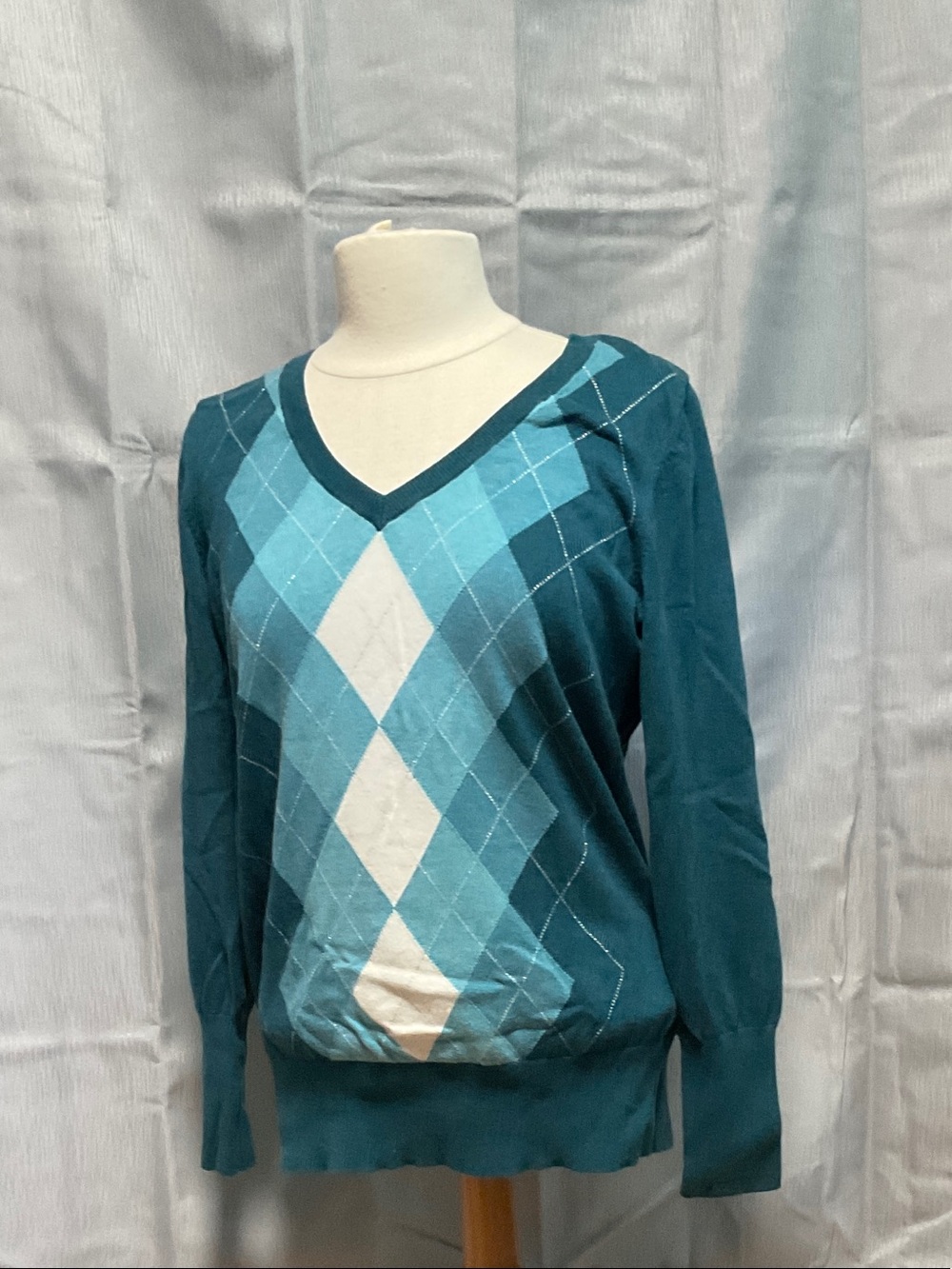 GAP Teal and Light Blue Argyle V-Neck Sweater